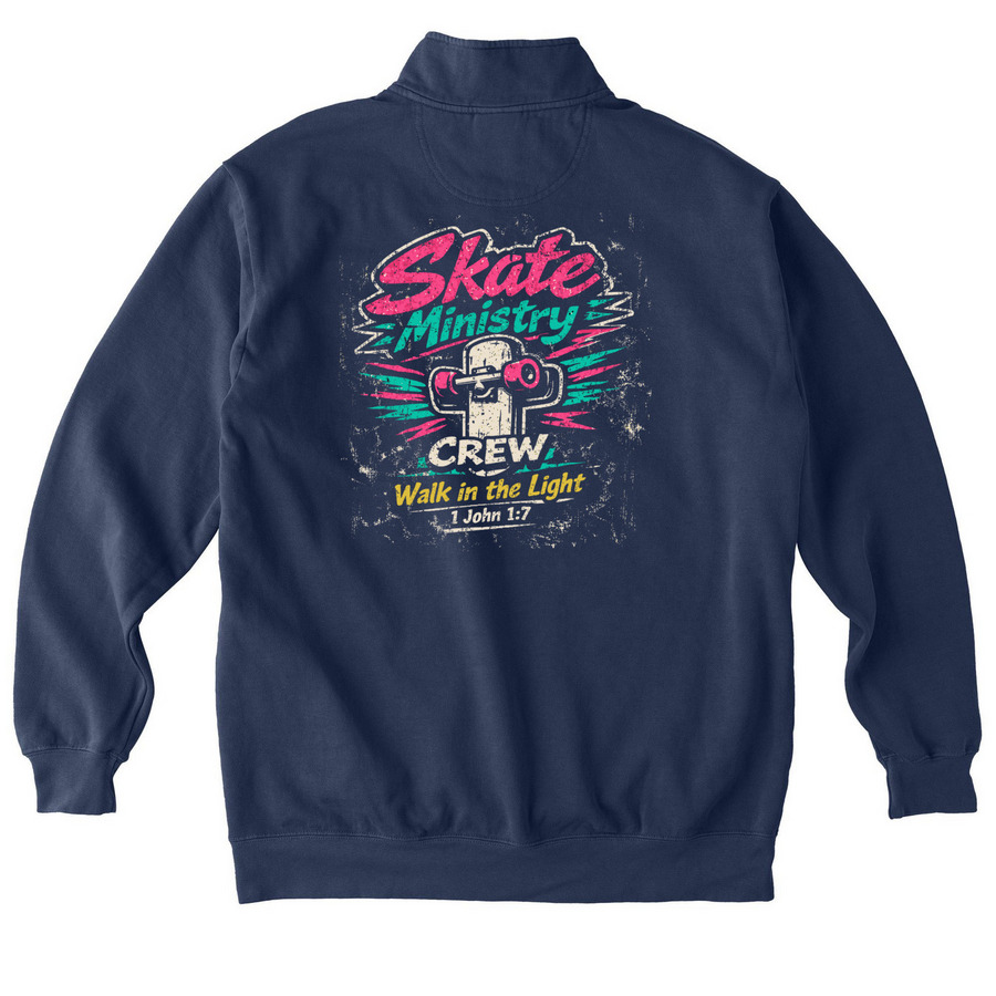 Skate Ministry, a True Navy Comfort Colors Quarter Zip Pullover (back-view)