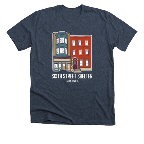 Sixth Street Shelter, a Heather Midnight Navy Premium Unisex Tee