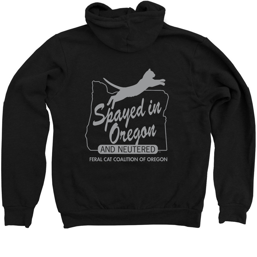 Spayed in Oregon zipper hoodie, a Black Zip Up Hoodie (back-view)
