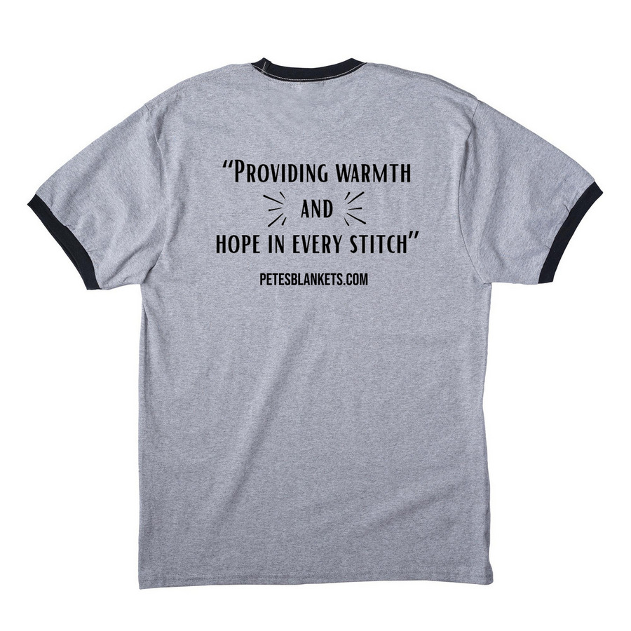 Pete's Blankets of Hope., a Athletic Heather/ Jet Black Cotton Ringer Tee (back-view)