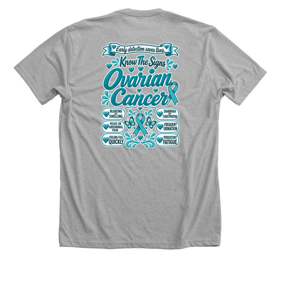 Know the Signs: Ovarian Cancer Awareness, a Athletic Heather Premium Unisex Tee (back-view)