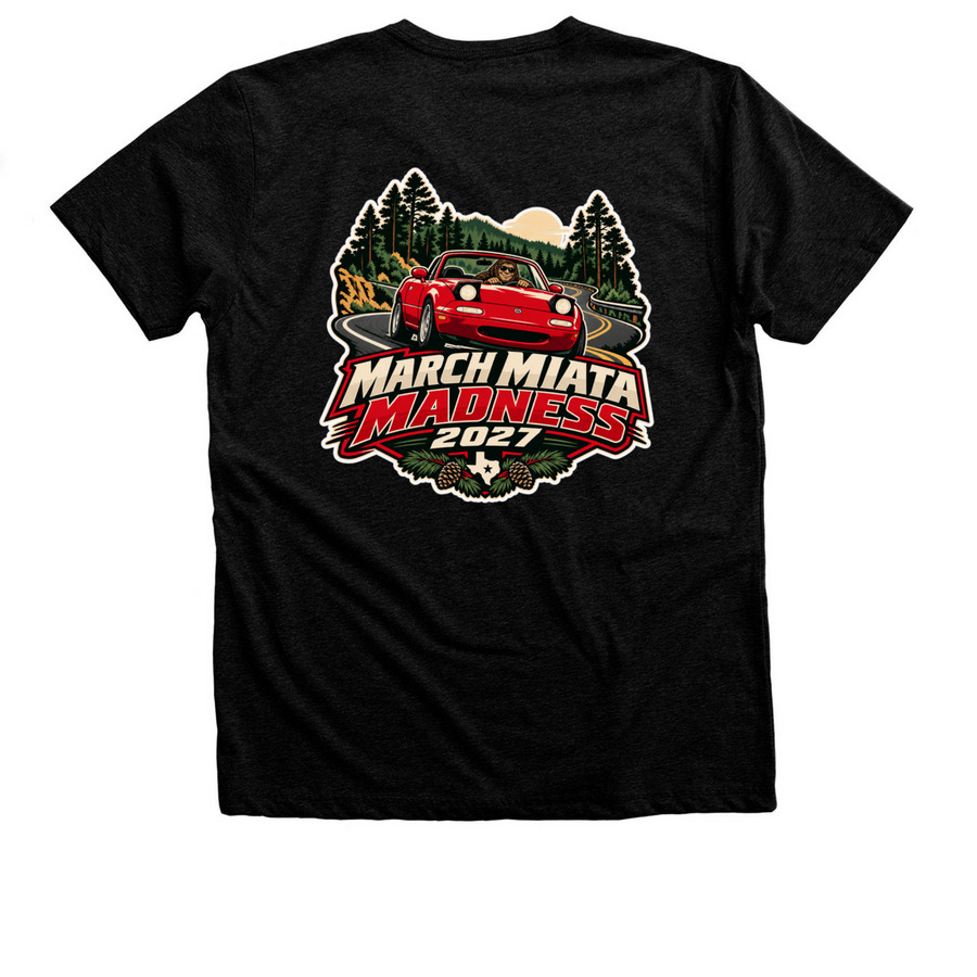 March Miata Madness 2027, a Black Heather Premium Unisex Tee (back-view)