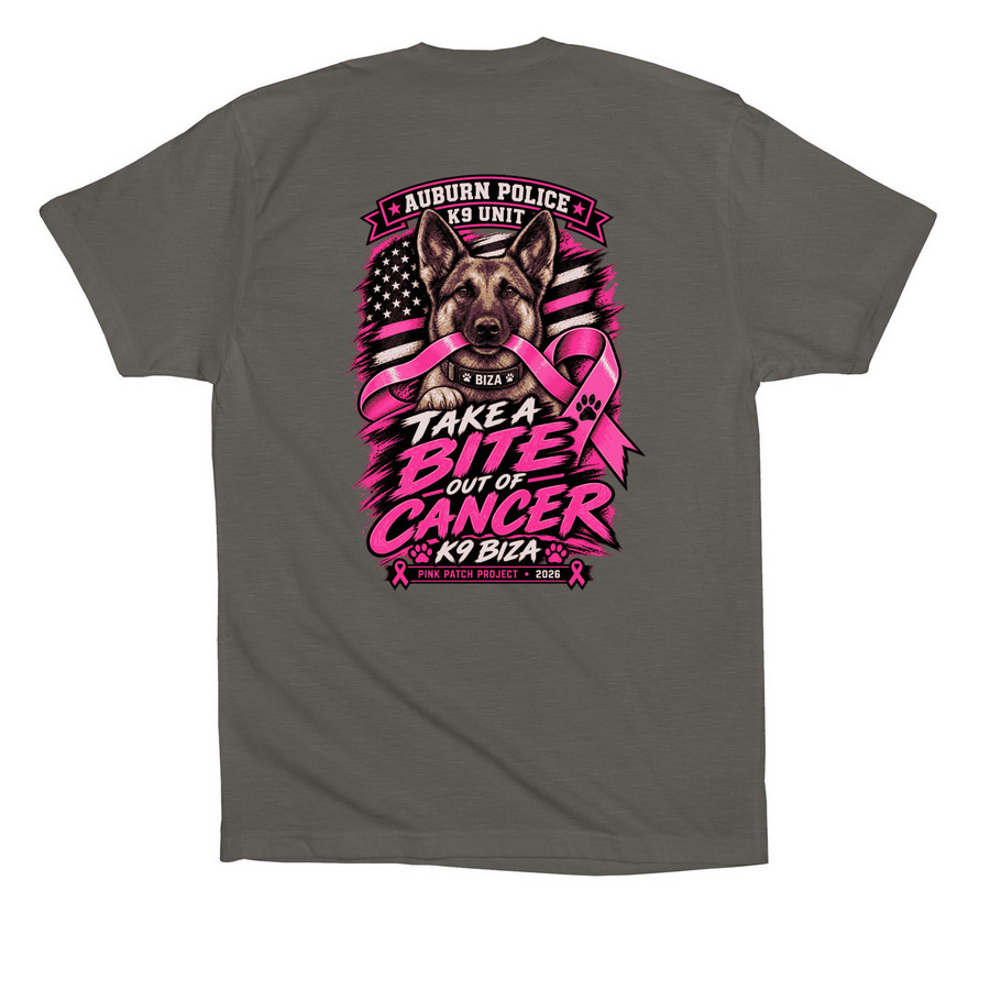 Auburn Police Pink Patch Project K9 Biza!, a Asphalt Premium Cotton Tee (back-view)