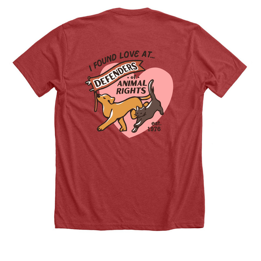 "I found love at Defenders" tee, a Heather Canvas Red Premium Unisex Tee (back-view)