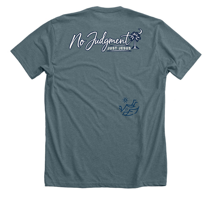 No Judgment Just Jesus Adventure Logo SC, a Heather Slate Premium Unisex Tee (back-view)