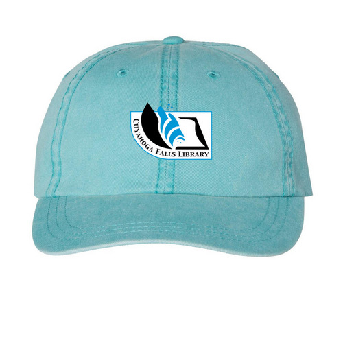 Cuyahoga Falls Library Logo Hats, a Aqua Printed Pigment Dye Baseball Cap