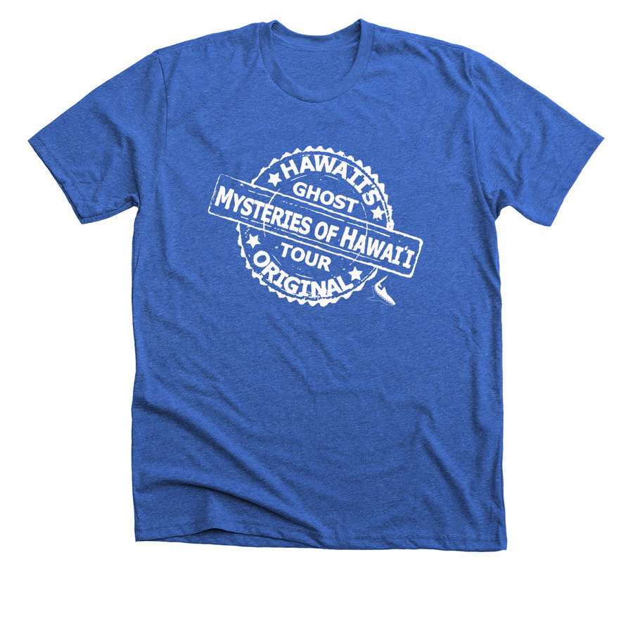 Mysteries of Hawai'i Stamp Tee, a Heather True Royal Premium Unisex Tee