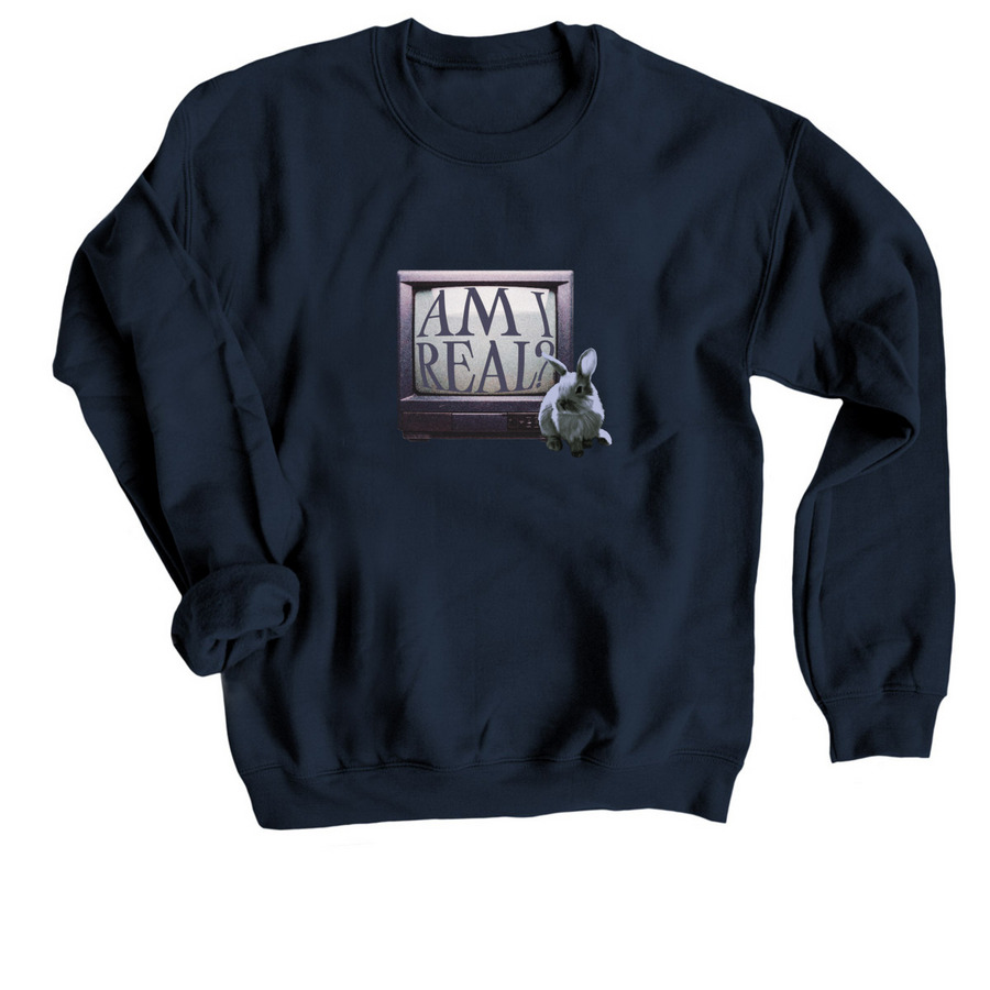 AM I REAL? TV Graphic, a Navy Crewneck Sweatshirt