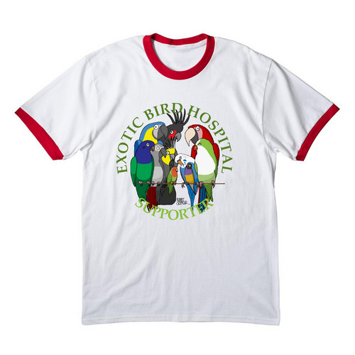 HELP EXOTIC BIRD HOSPITAL HELP FOUND BIRDS!, a White/ Red Cotton Ringer Tee