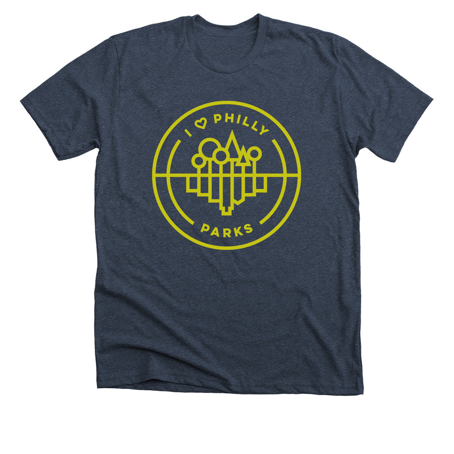 I Love Philly Parks shirt, a Heather Midnight Navy Premium Unisex Tee
