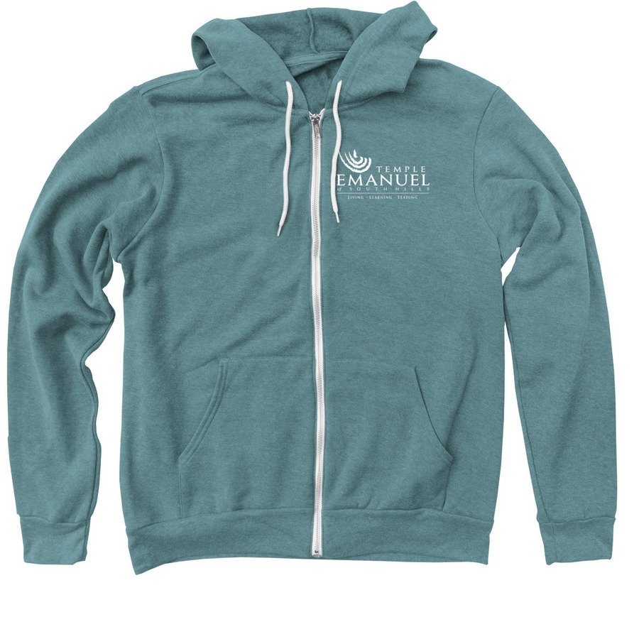 Temple Emanuel Logo Zip-Up Hoodie, a Heather Deep Teal Zip Up Hoodie