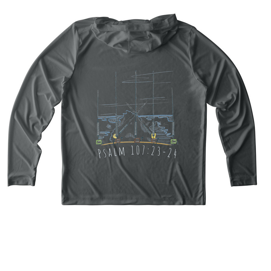Psalms 107 Swim&nbsp;, a Dark Smoke Grey UV Performance Long Sleeve Hoodie (back-view)