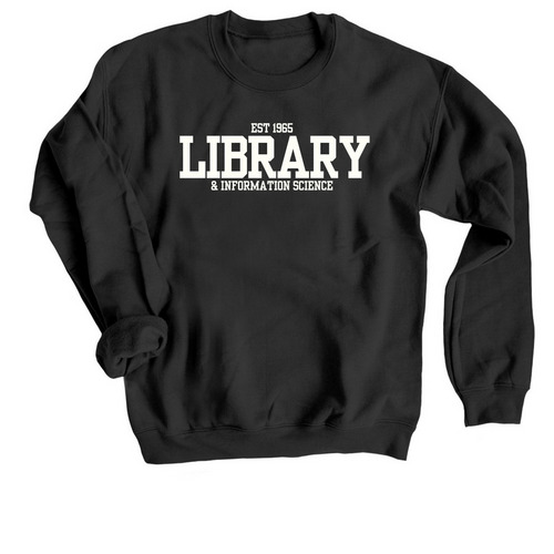 LIS Varsity, in white, a Black Crewneck Sweatshirt