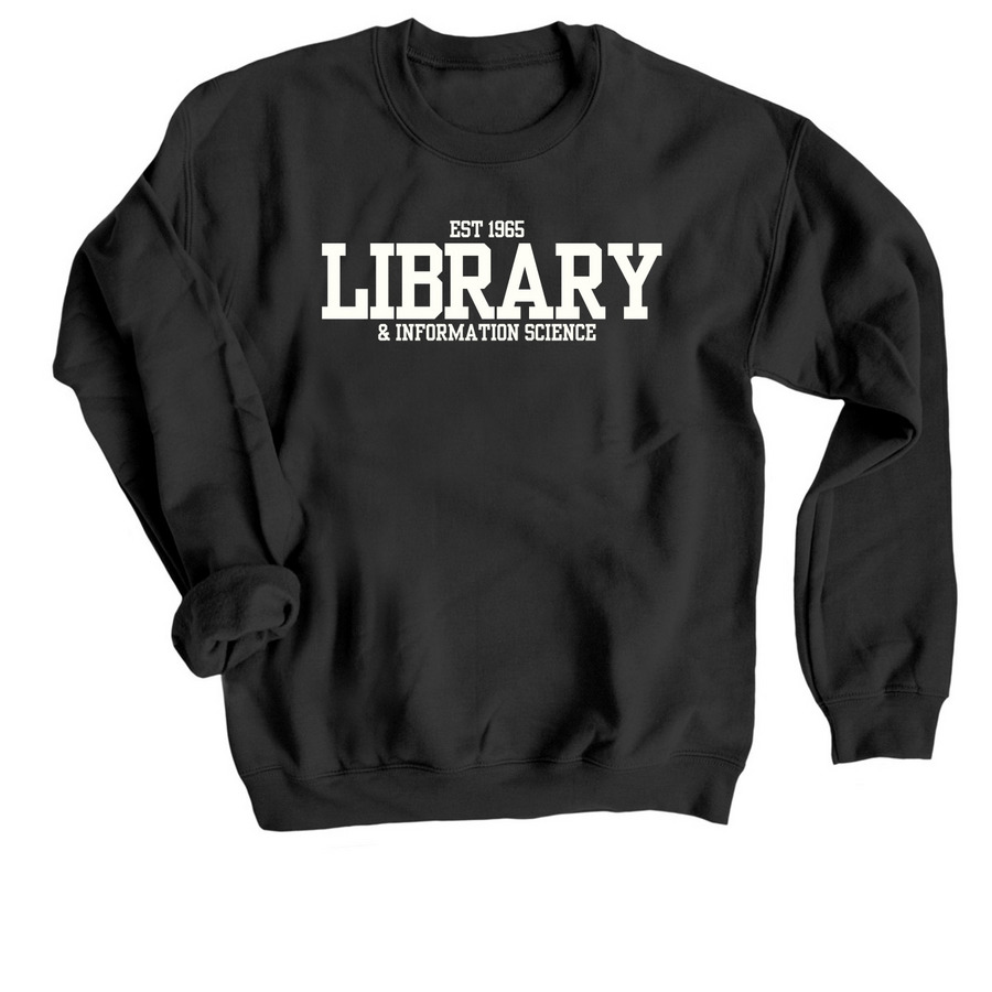 LIS Varsity, in white, a Black Crewneck Sweatshirt