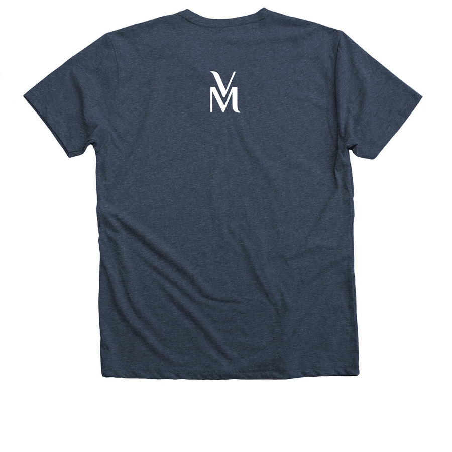 Put Your Heart to Work, a Heather Navy Premium V-Neck Tee (back-view)