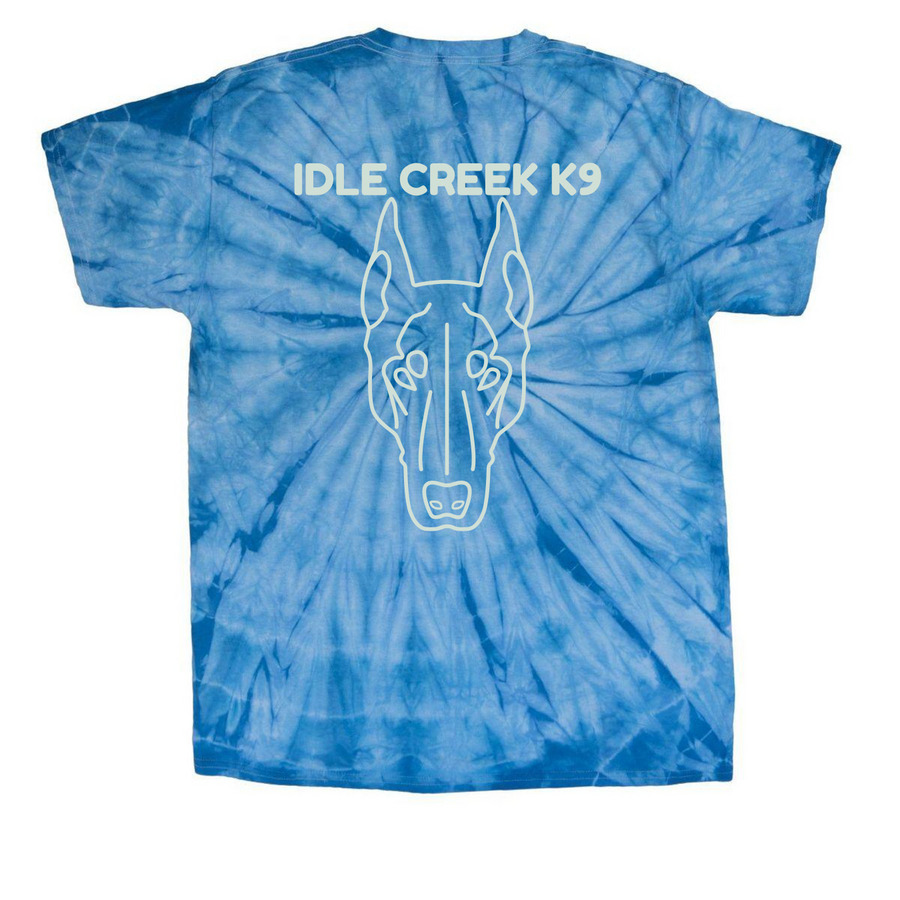 Doberman Head, a Baby Blue Classic Tie Dye Tee (back-view)