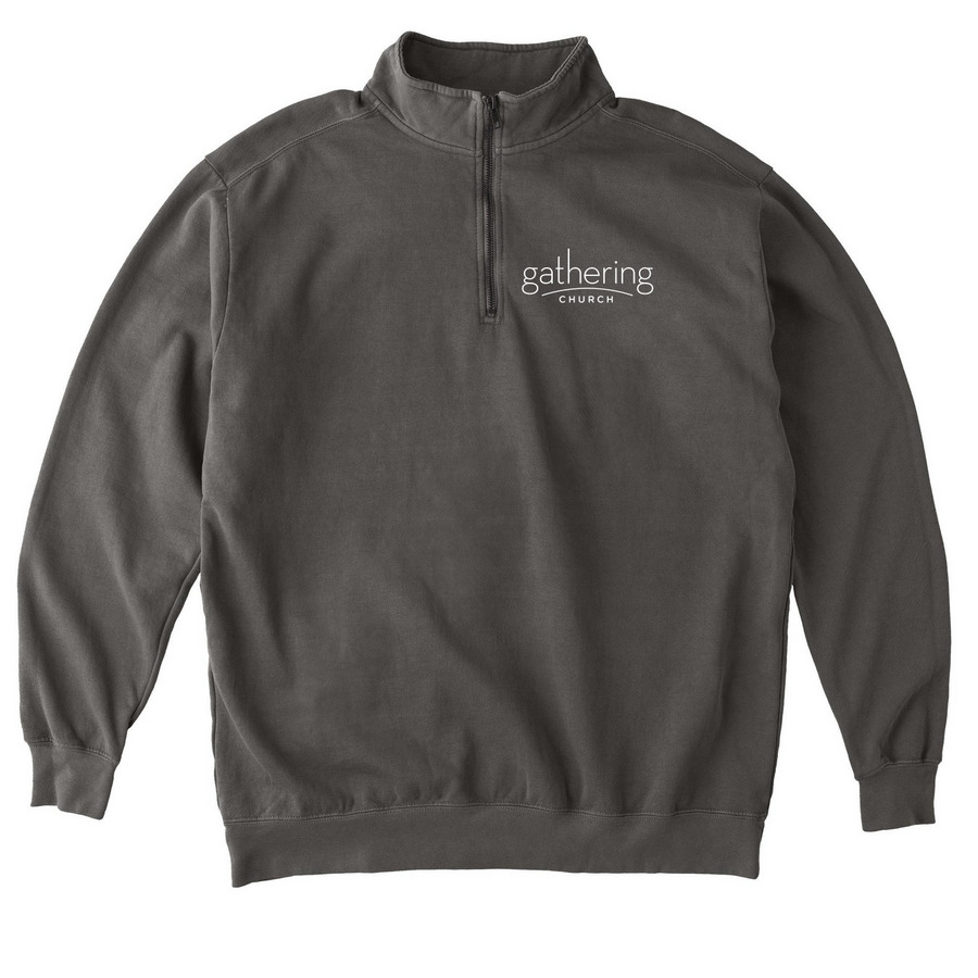 What a friend we have in Jesus (pocket logo), a Pepper Comfort Colors Quarter Zip Pullover