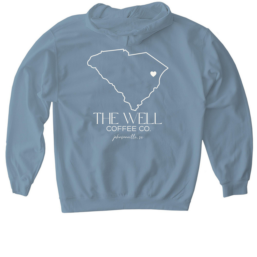Small Town Strong Coffee Sweatshirt, a Stone Blue Gildan Softstyle Pullover Hoodie (back-view)