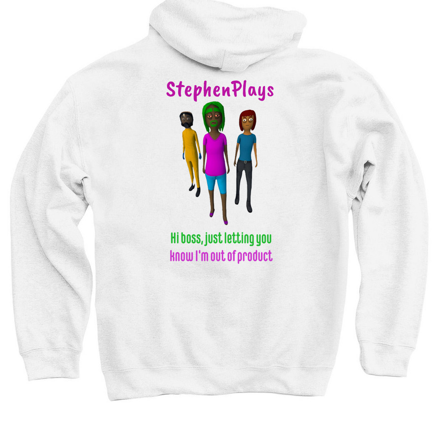 Green and Purple Sarah's Gang, a White Pullover Hoodie (back-view)