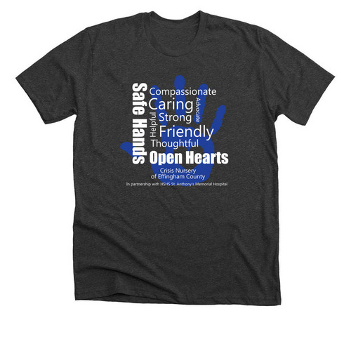 Safe Hands, Open Hearts, a Dark Grey Heather Premium Unisex Tee