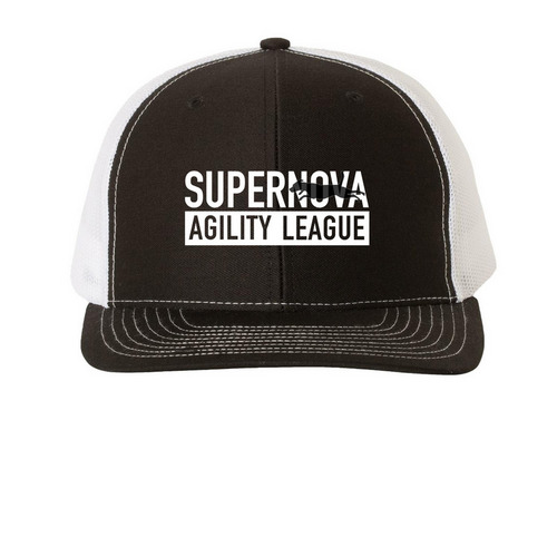 League Cap, a Black/ White Printed Snapback Trucker Cap