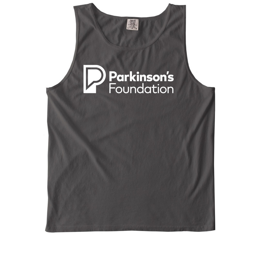 Parkinson's Foundation White Logo, a Pepper Comfort Colors Tank Top