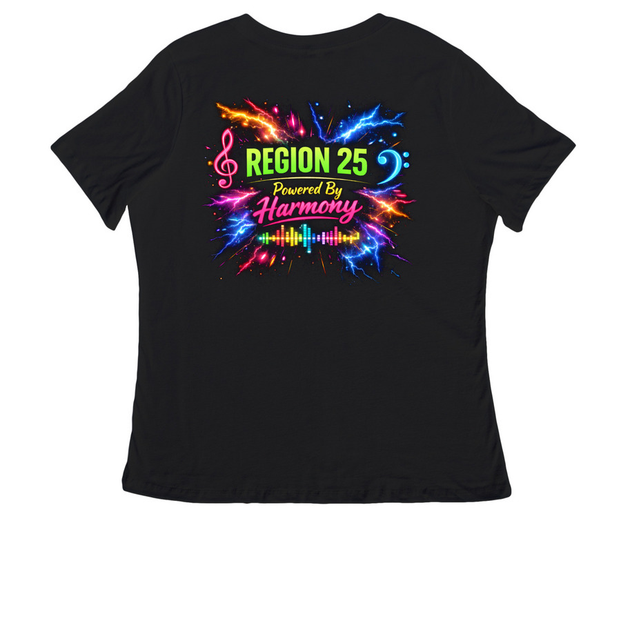 Powered By Harmony, a Black Women's Relaxed V-Neck Tee (back-view)