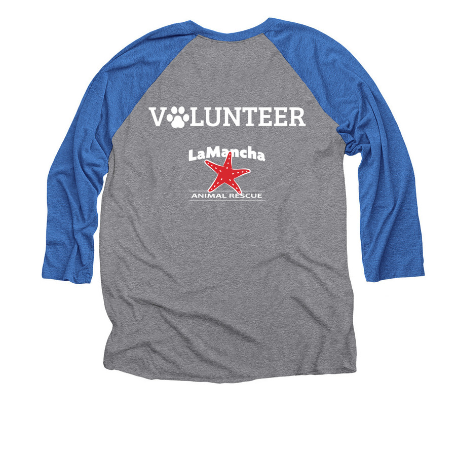 Barn Design White - Volunteering, a Vintage Royal and Premium Heather 3/4 Sleeve Baseball Tee (back-view)