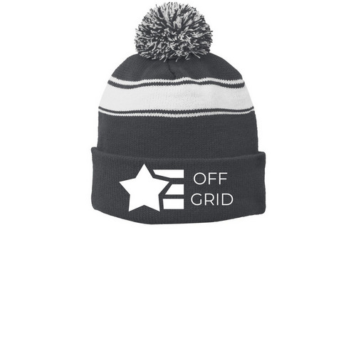 OFF GRID Hats, a Iron Grey/ White Printed Stripe Pom-Pom Beanie