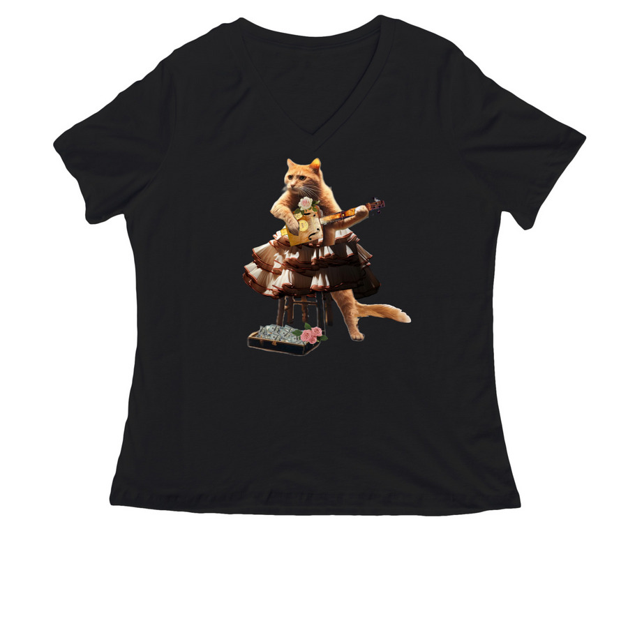 Kitty with Shorty, a Black Women's Relaxed V-Neck Tee
