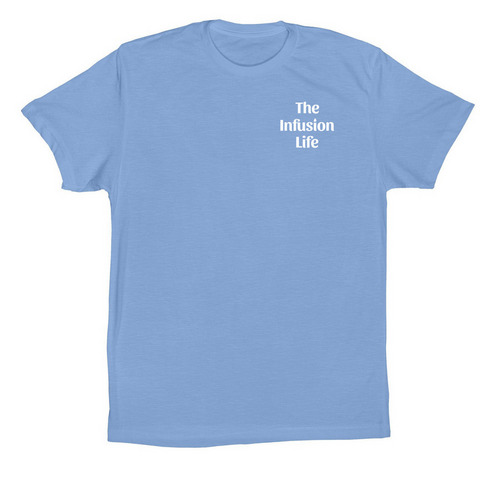 The Infusion Life top corner, a Carolina Blue Premium Cotton Tee