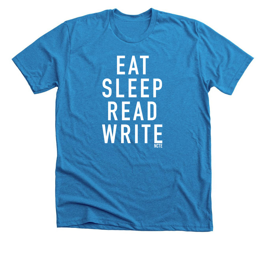 EAT SLEEP READ WRITE Apparel, a Neon Blue Premium Unisex Tee