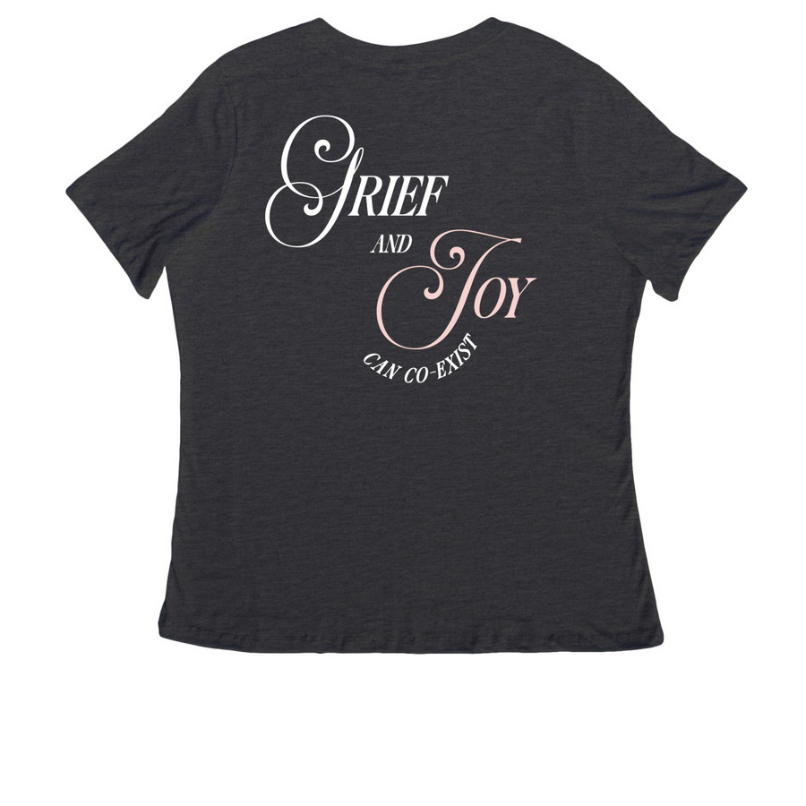 Grief & Joy Can Co-Exist (Grey), a Dark Grey Heather Women's Relaxed V-Neck Tee (back-view)