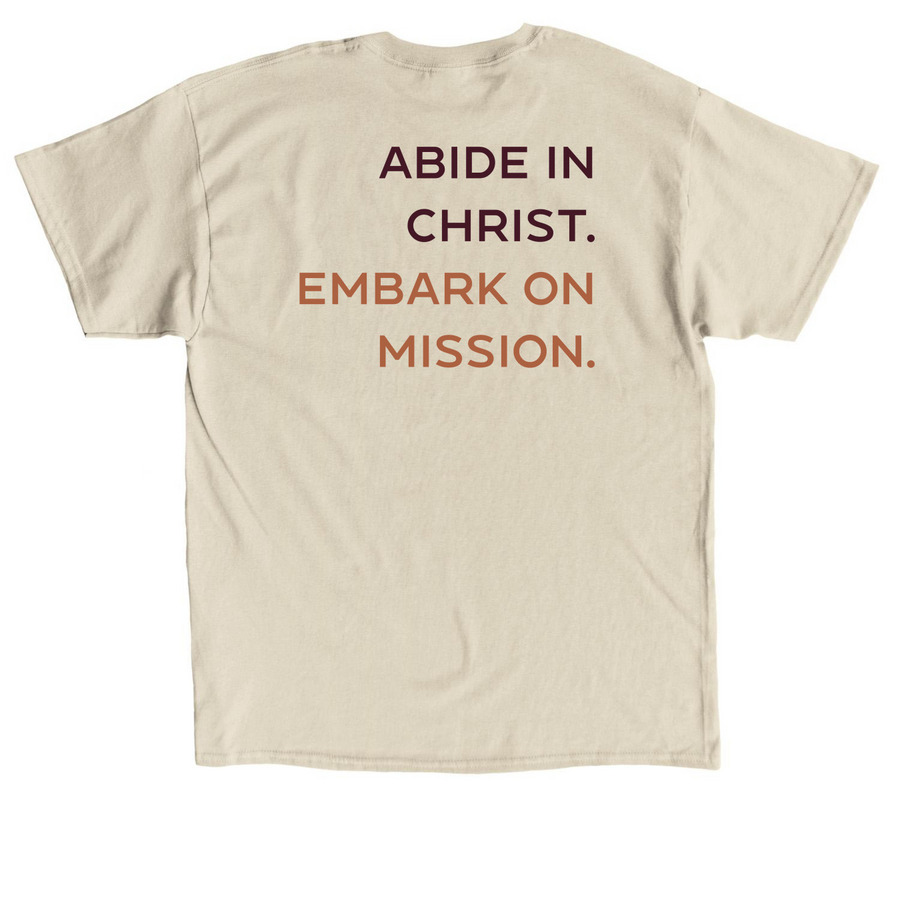 "Abide, Embark" Shield Tee-Orange Logo, a Sand Classic Unisex Tee (back-view)