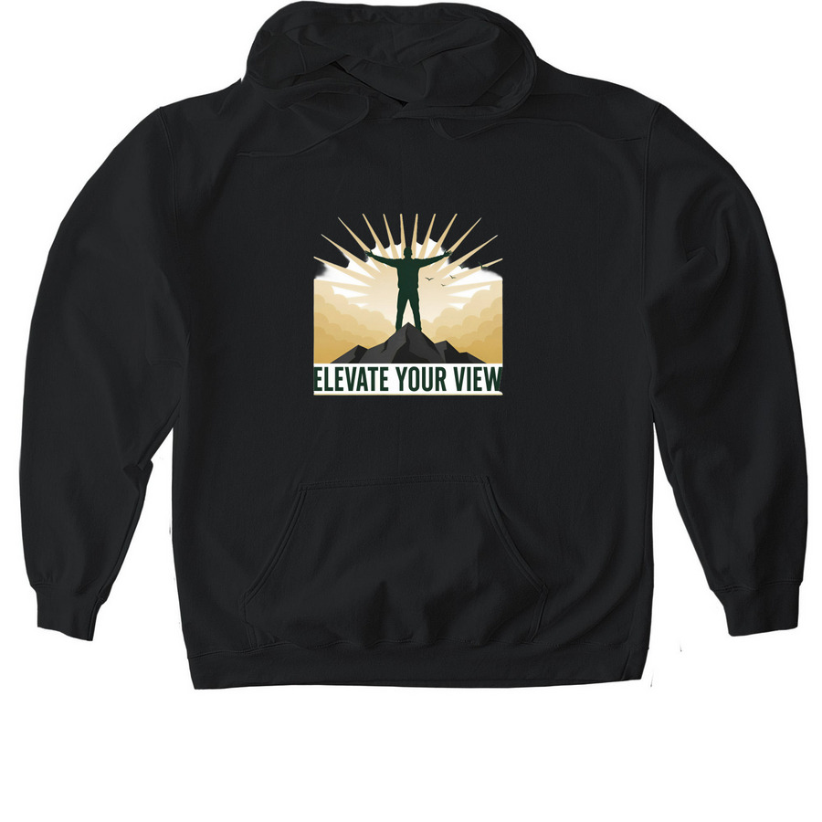 Elevate Your View Tee, a Black Gildan Softstyle Pullover Hoodie