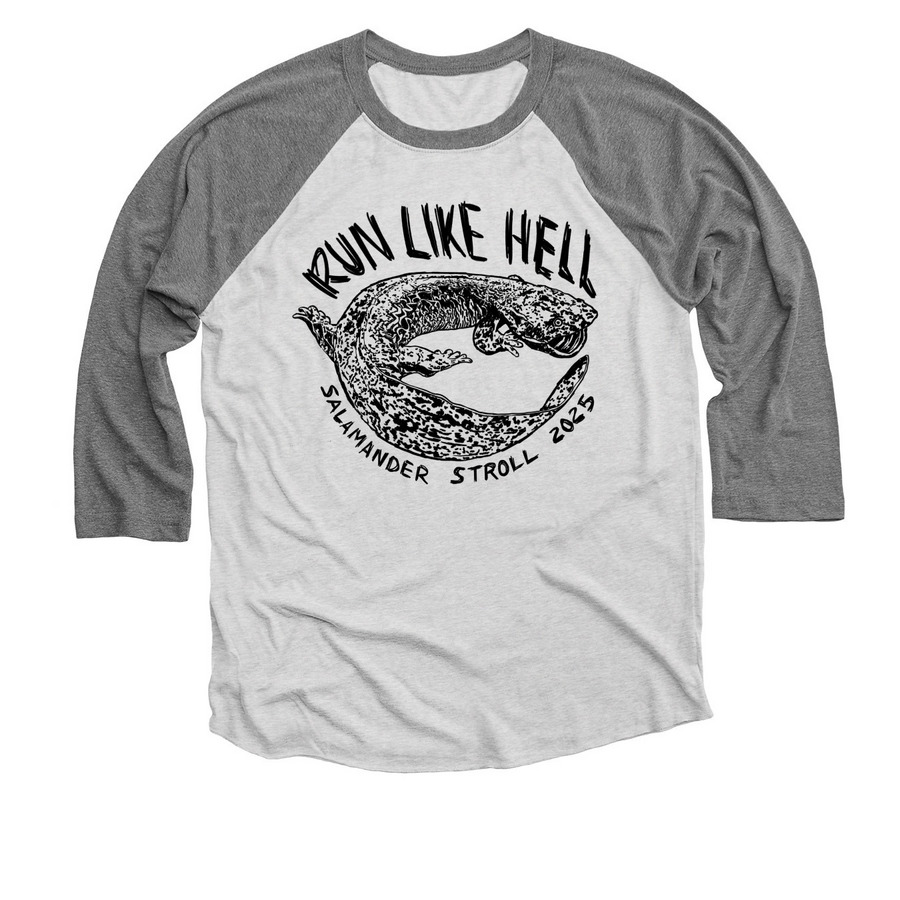 2025&nbsp;Salamander Stroll Virtual 5k Front Piece, a Premium Heather and Heather White 3/4 Sleeve Baseball Tee