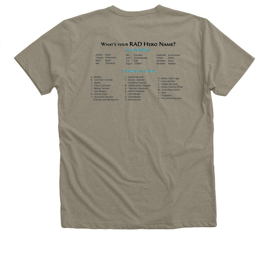RAD Hero Name, a Heather Stone Premium V-Neck Tee (back-view)