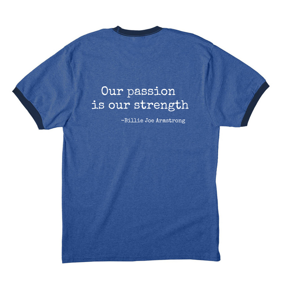 Kindness is Punk Rock tee, a Heather Royal/ Navy Cotton Ringer Tee (back-view)