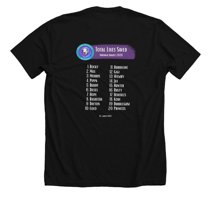 Dogs Saved Through August 2026, a Solid Black Blend Premium Unisex Tee (back-view)