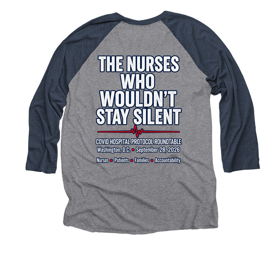 THE NURSES WHO WOULDN?T STAY SILENT., a Vintage Navy and Premium Heather 3/4 Sleeve Baseball Tee (back-view)