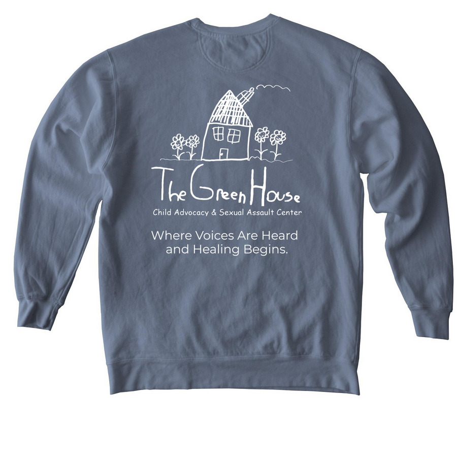 GreenHouse Child Abuse Prevention Month 2026, a Blue Jean Comfort Colors Crewneck Sweatshirt (back-view)