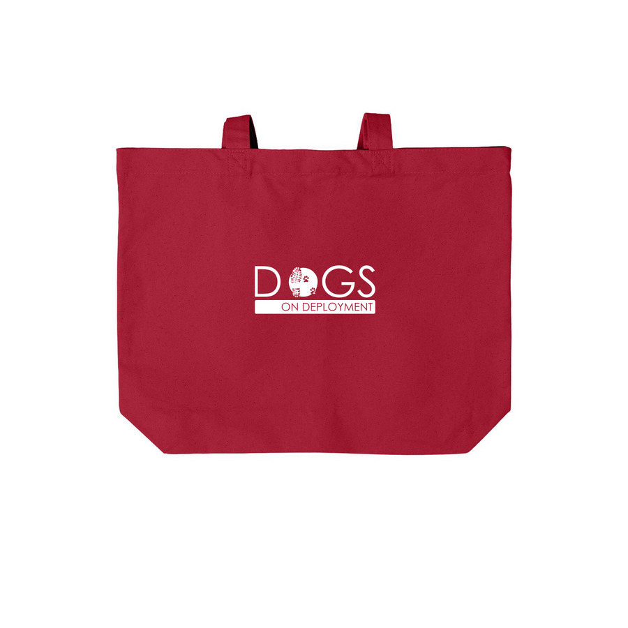Dogs on Deployment Tote (White Logo), a Deep Red Cotton Canvas Tote Bag