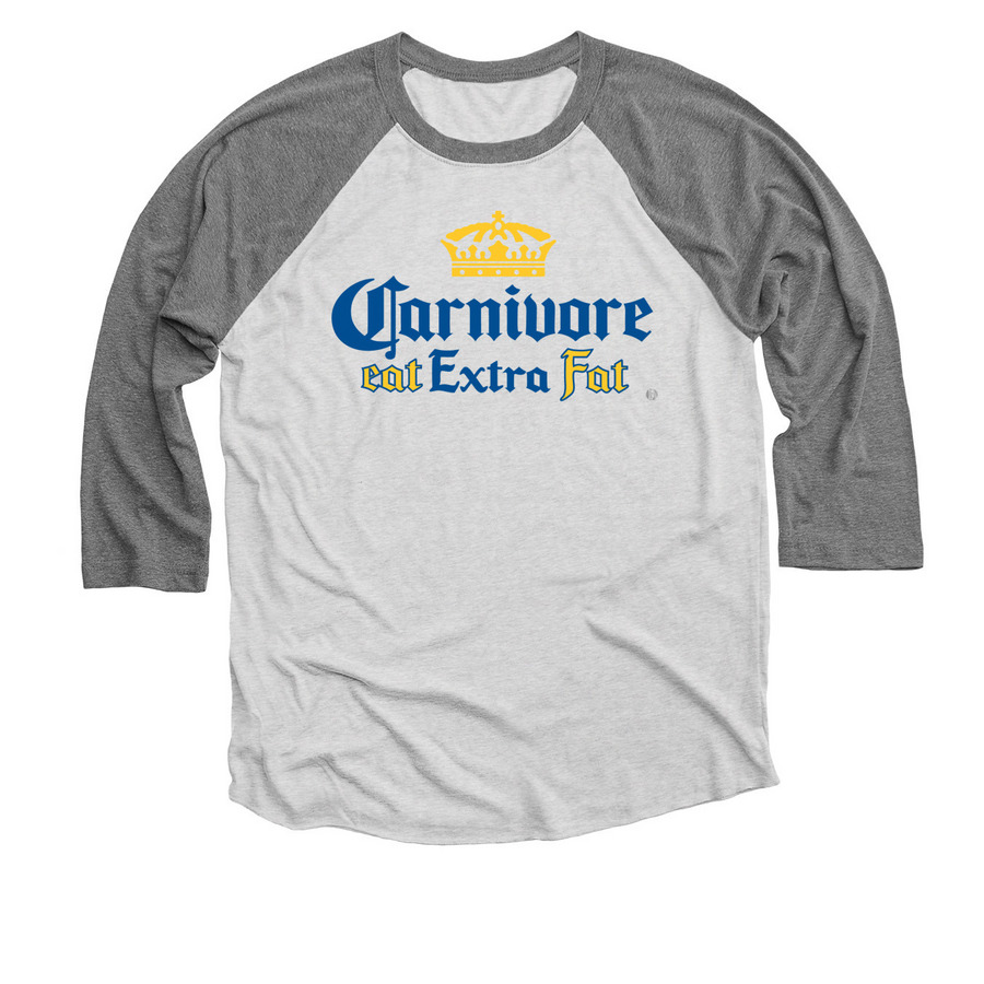 Carnivore eat Extra Fat, a Premium Heather and Heather White 3/4 Sleeve Baseball Tee