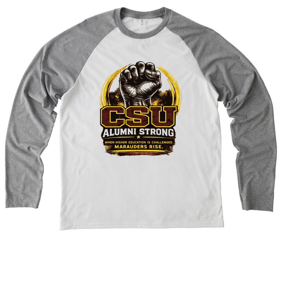 "CSU ALUMNI STRONG", a Aluminum Grey/ Bright White Allmade Eco Triblend Colorblock Raglan Long Sleeve Tee