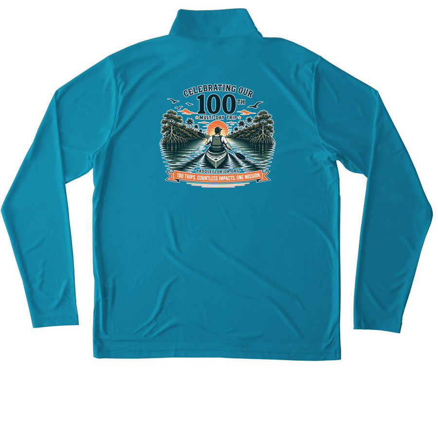 100 Trips ? Male Paddler, a Atomic Blue Unisex Performance Quarter Zip Pullover (back-view)