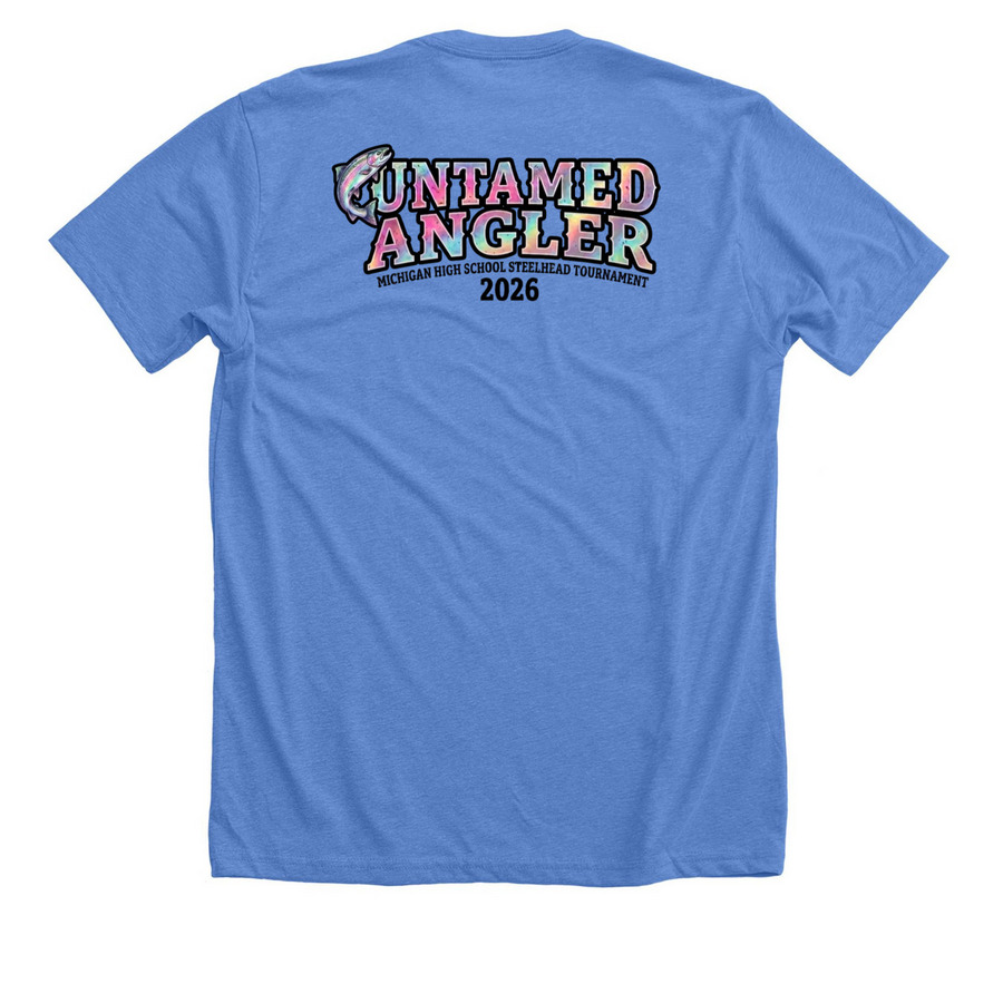Michigan High School Steelhead Tournament - M, a Heather Columbia Blue Premium Unisex Tee (back-view)
