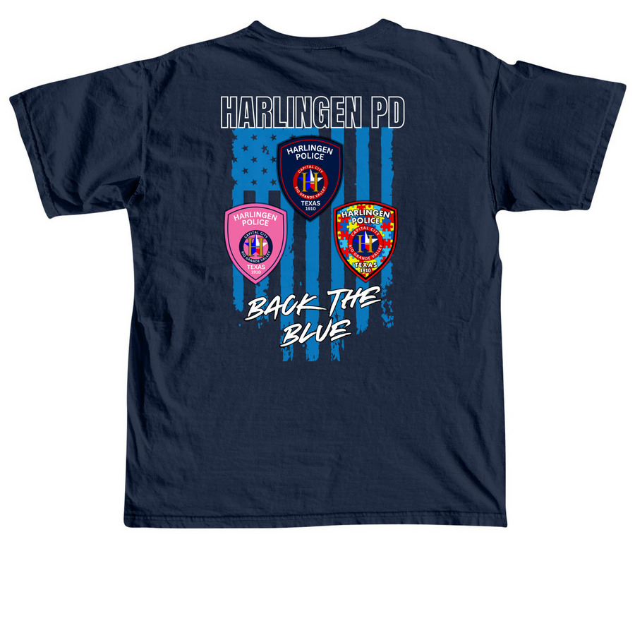 Harlingen Police Support Shirt, a True Navy Comfort Colors Unisex Tee (back-view)