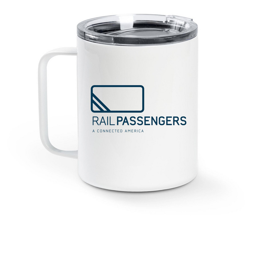 More Trains Travel Mug, a White Stainless Steel Travel Mug (back-view)