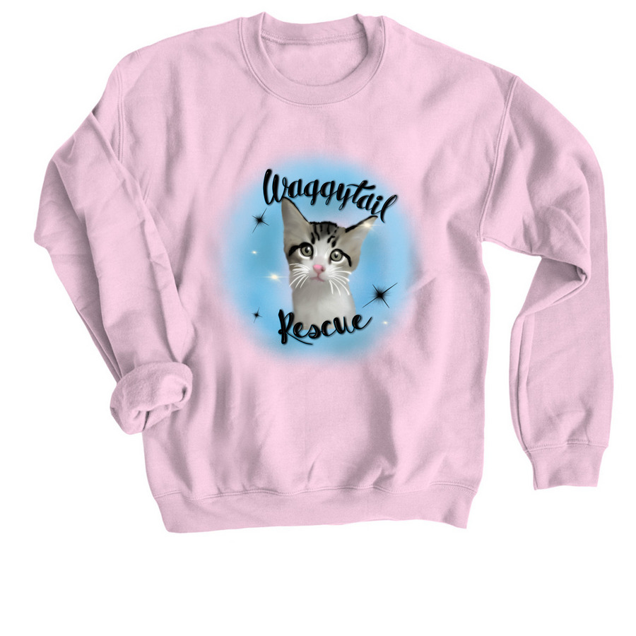 Waggytail Rescue Cat Airbrush Design, a Light Pink Crewneck Sweatshirt