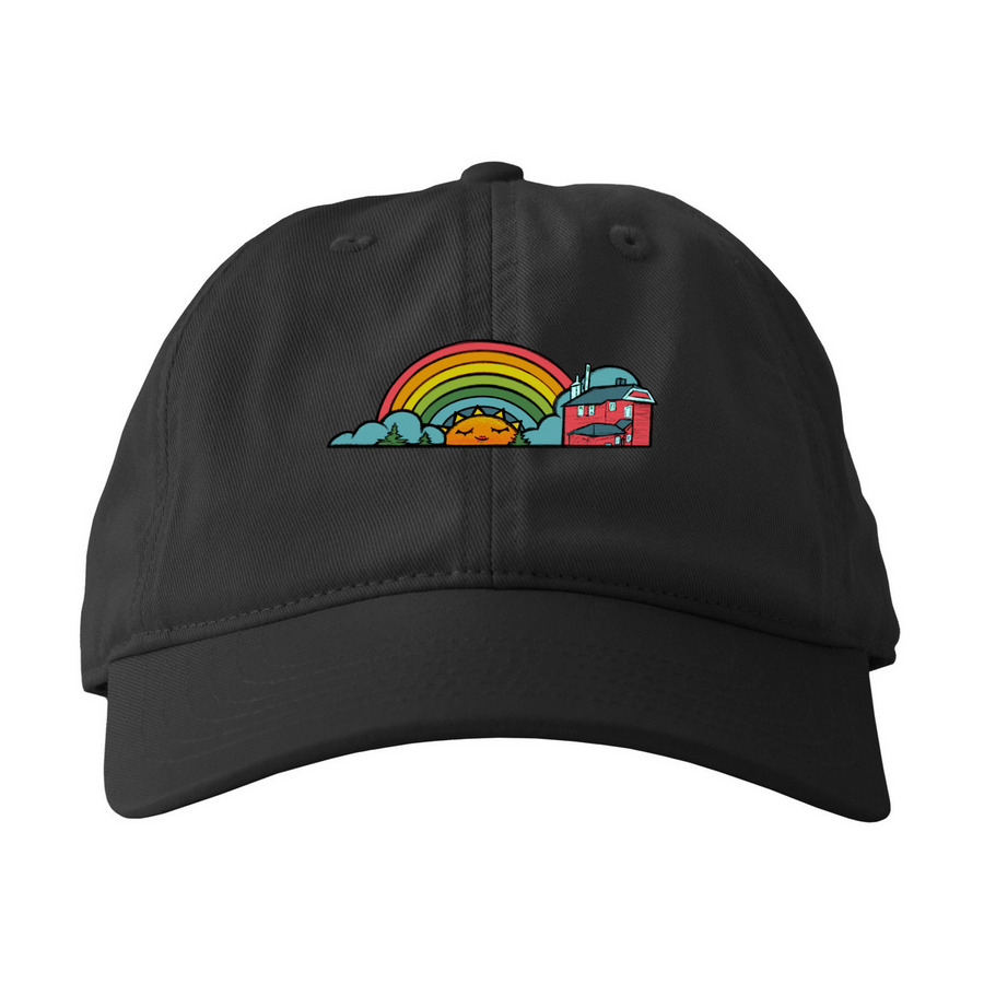 Rainbow Sun w/ Mqt Harbor Lighthouse - Hats, a Black Printed Eco Baseball Cap